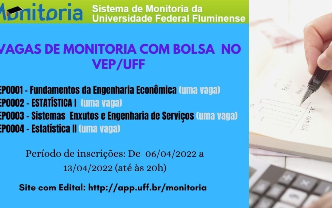 Vagas de Monitoria com bolsa no VEP/UFF